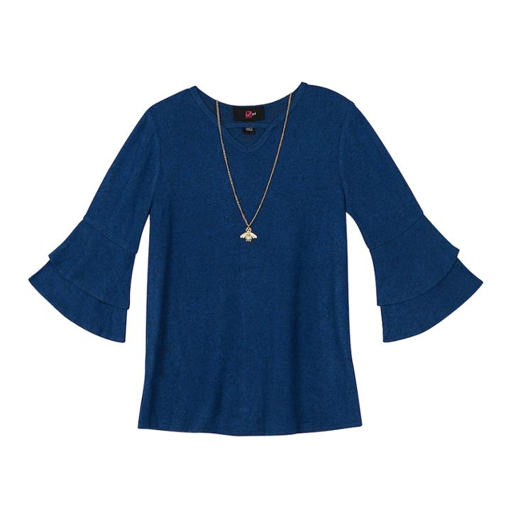 Girls 7-16 Iz Amy Byer Fuzzy Bell Sleeve Top With Necklace, Size: Large, Dark Blue