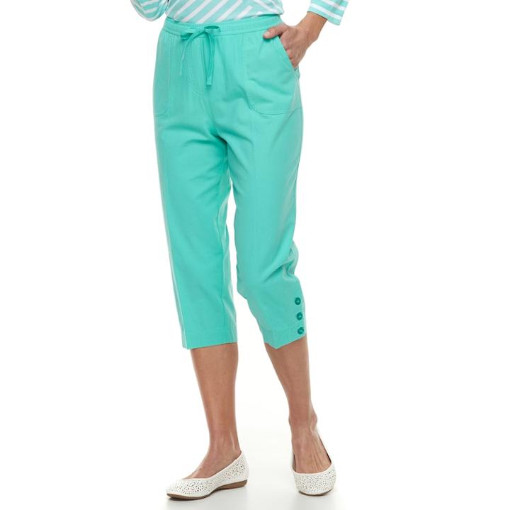 Women's Cathy Daniels Button-hem Pull-on Capris, Size: Small, Green