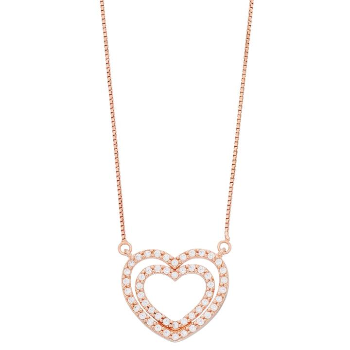 Timeless Sterling Silver Rose Gold Tone Cubic Zirconia Double Heart Pendant Necklace, Women's, White