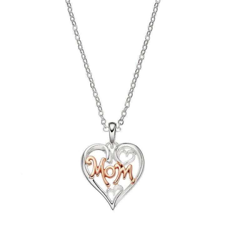 Two Tone Mom Heart Pendant Necklace, Women's, Silver
