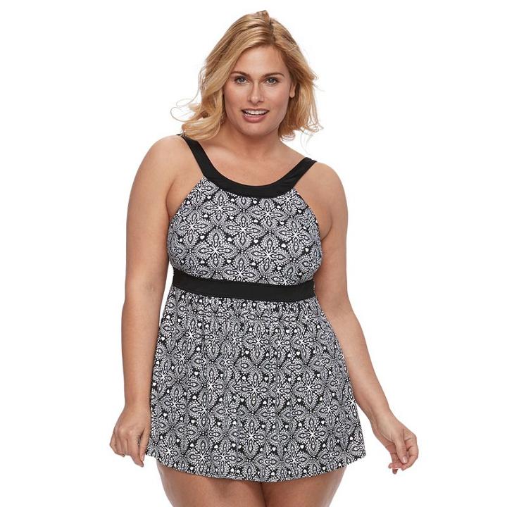 Plus Size Women's A Shore Fit Hip Minimizer Medallion Halterkini Top & High-waisted Swim Bottoms Set, Size: 24 W, Black