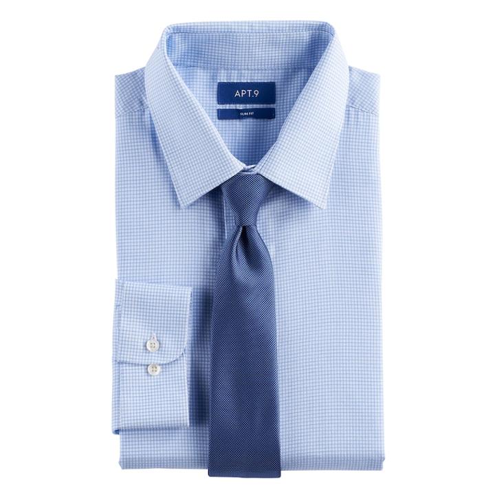 Men's Apt. 9&reg; Slim-fit Stretch Spread-collar Dress Shirt & Tie Set, Size: M-32/33, Blue
