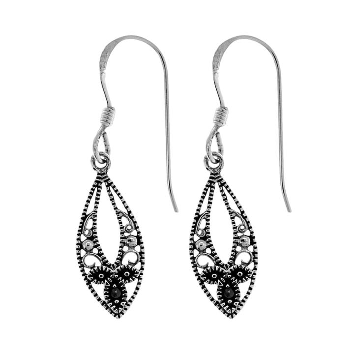 Sterling Silver Marcasite Marquise Earrings, Women's, Black