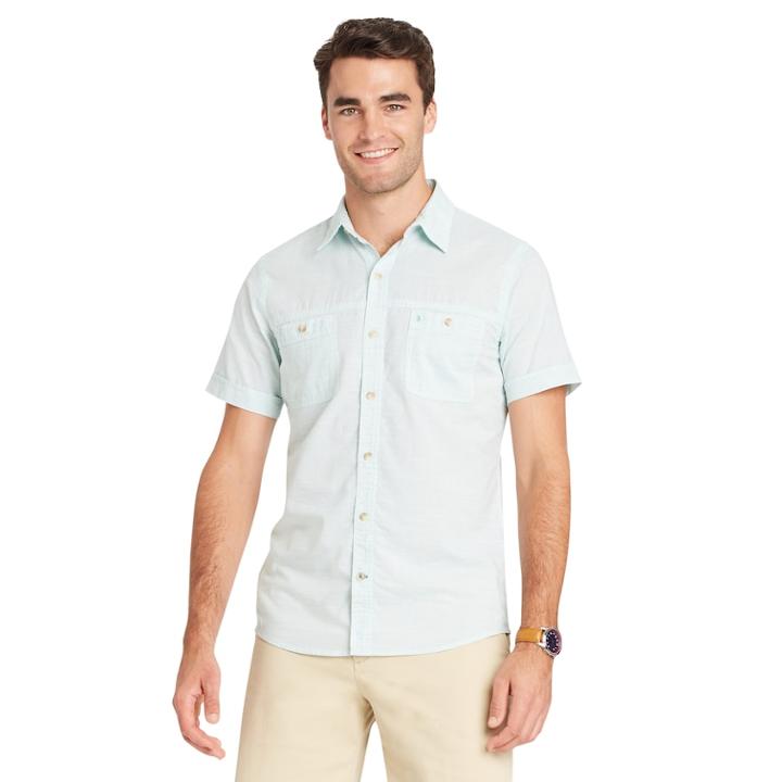 Men's Izod Classic-fit Slubbed Chambray Woven Button-down Shirt, Size: Xl, Green