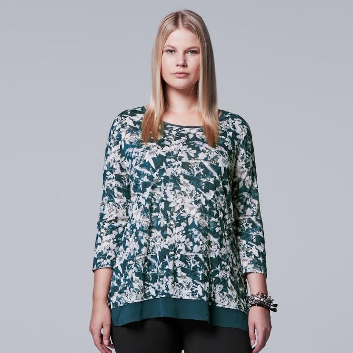 Plus Size Simply Vera Vera Wang Chiffon Trim Printed Top, Women's, Size: 1xl, Med Blue