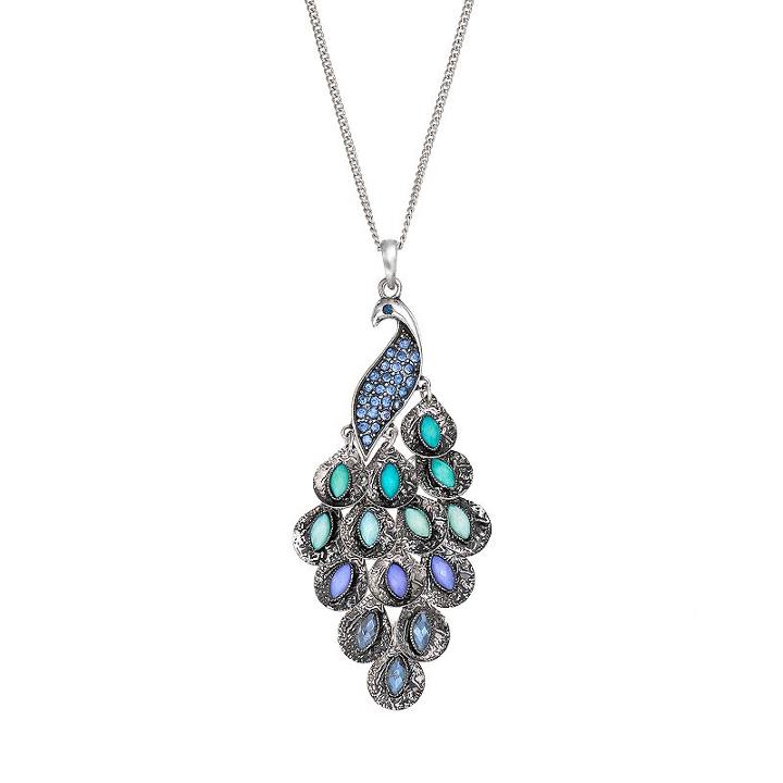 Mudd&reg; Silver-tone Simulated Crystal Peacock Long Pendant, Girl's, Multicolor