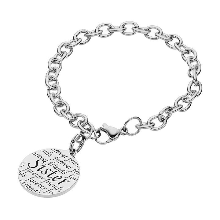 Stainless Steel Sister Disc Charm Bracelet, Women's, Size: 7.5, Grey
