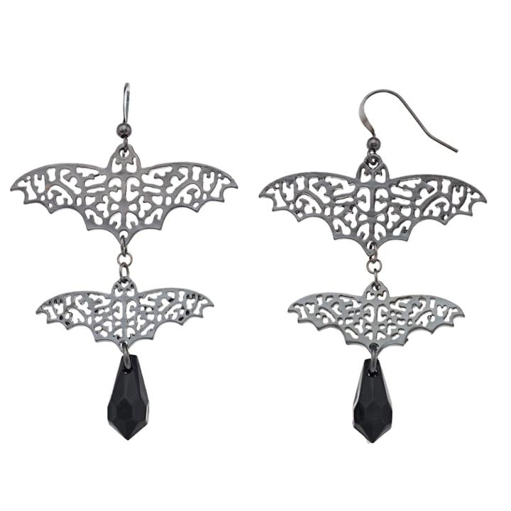 Jet Nickel Free Double Bat Drop Earrings, Women's, Black
