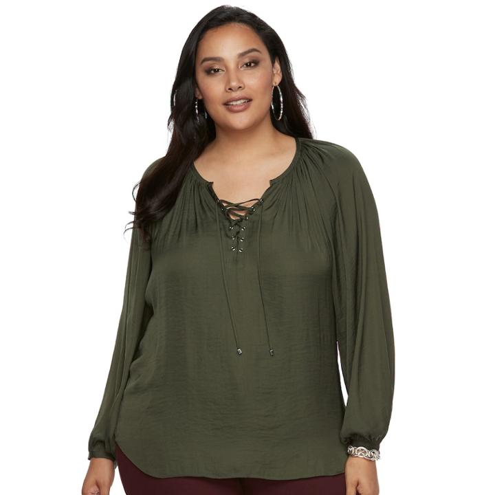 Plus Size Jennifer Lopez Lace-up Blouse, Women's, Size: 3xl, Green