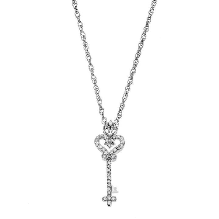 Sterling Silver 1/10 Carat T.w. Diamond Key Pendant, Women's, Size: 18, White
