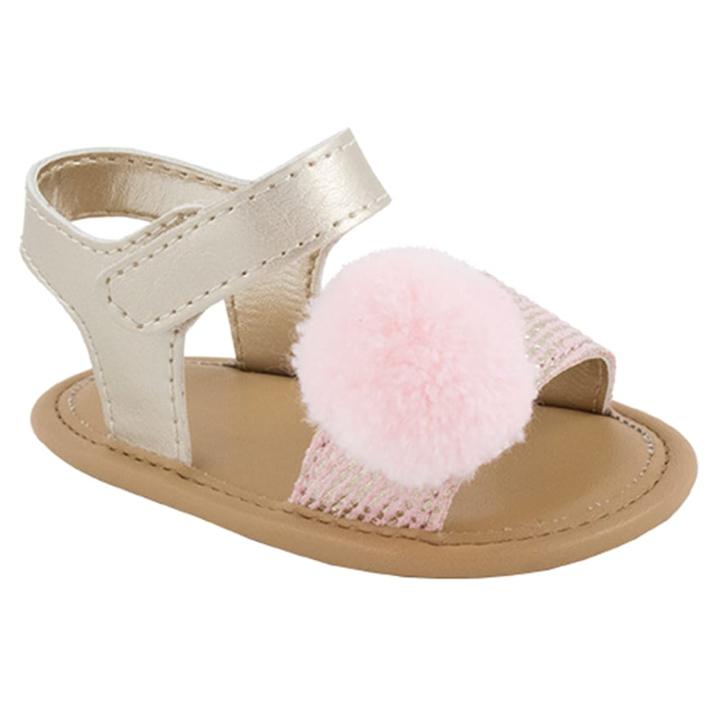 Baby Girl Wee Kids Pom Sandal Crib Shoes, Size: 0, Med Beige