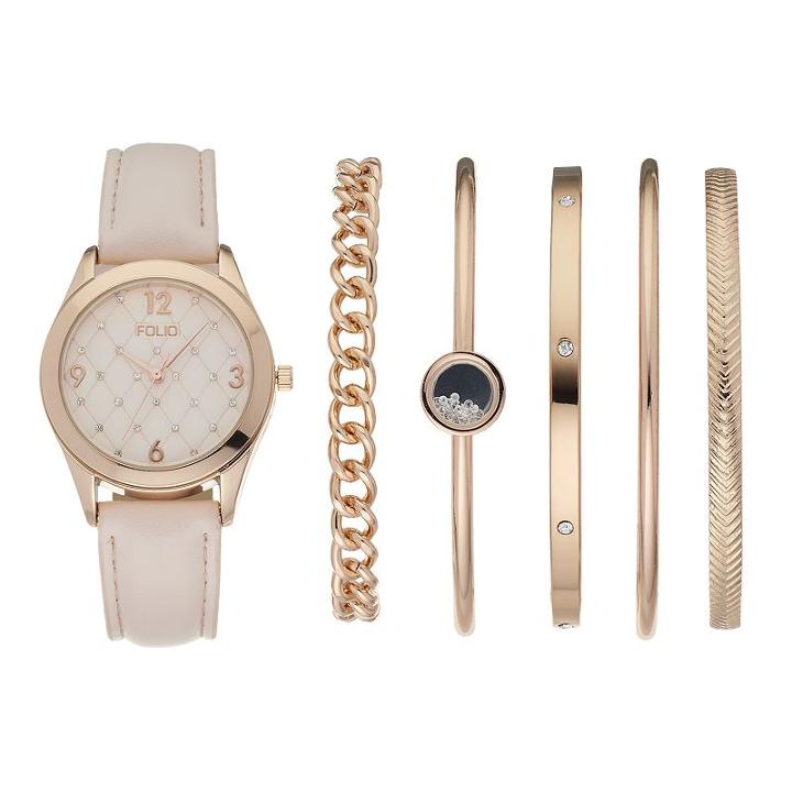 Folio Women's Crystal Watch & Bangle Bracelet Set, Size: Medium, Pink