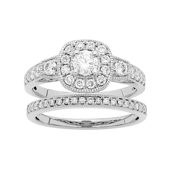 14k White Gold 1 Carat T.w. Igl Certified Diamond Halo Engagement Ring Set, Women's, Size: 9.50