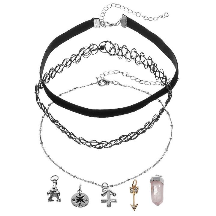 Mudd&reg; Sagittarius, Eiffel Tower & Compass Interchangeable Charm Necklace Set, Women's, Black