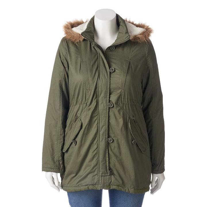 Juniors' Plus Size Urban Republic Twill Faux-fur Anorak Jacket, Girl's, Size: 1xl, Dark Green