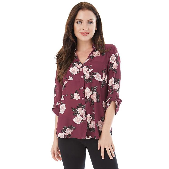 Juniors' Iz Byer California Roll-tab Shirt, Teens, Size: Xs, Bordeaux Floral