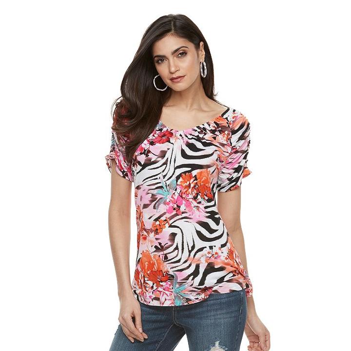 Women's Jennifer Lopez Ruched Print Tee, Size: Xxl, White Oth