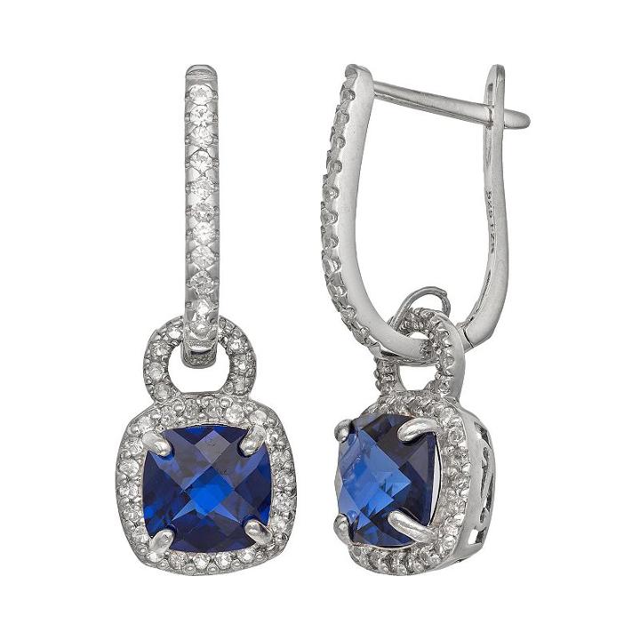 Sterling Silver Lab-created Blue And White Sapphire Square Halo Drop Earrings, Women's