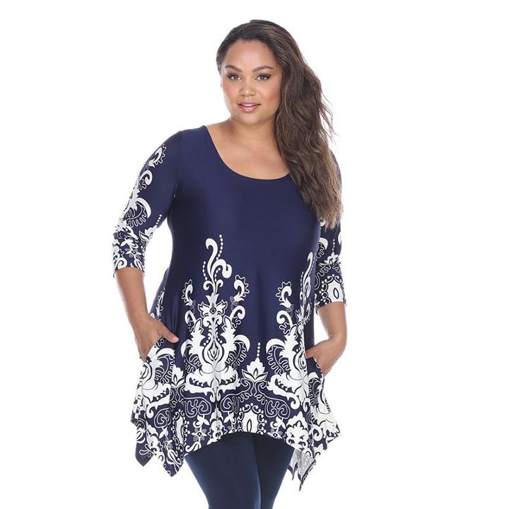 Plus Size White Mark Scroll Shark-bite Tunic, Women's, Size: 3xl, Blue (navy)