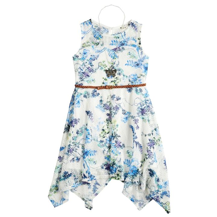 Girls 7-16 Knitworks Flower Sharkbite Belted Dress & Necklace Set, Size: 10, White