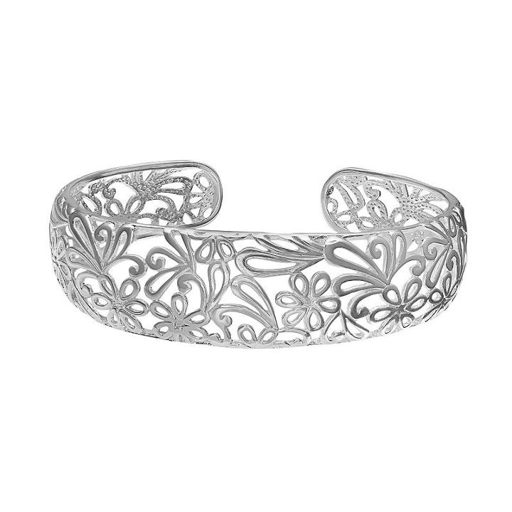 Polished Sterling Silver Flower Filigree Cuff Bracelet, Women's, Size: 7