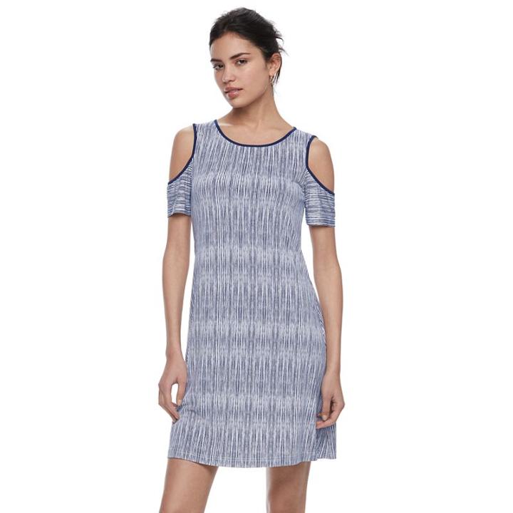 Women's Elle&trade; Striped Cold-shoulder Shift Dress, Size: Medium, Dark Blue
