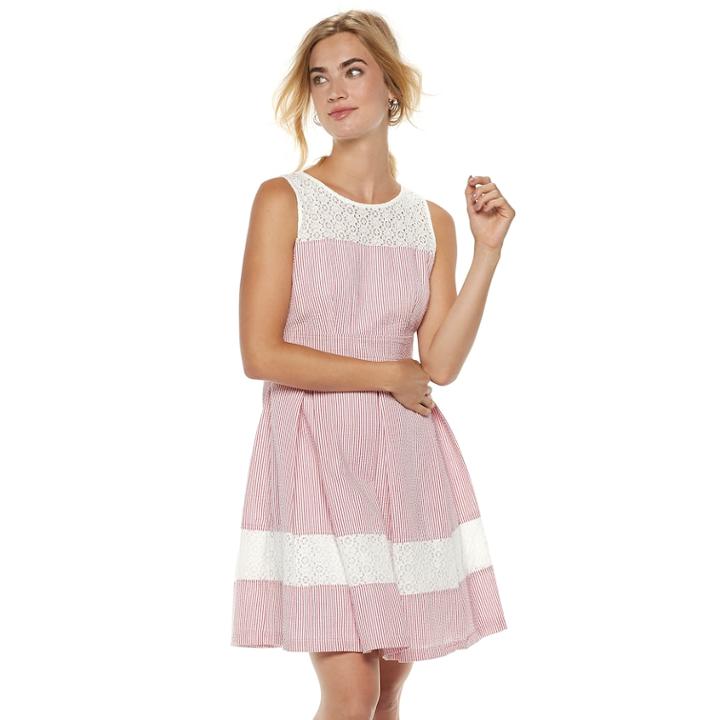 Women's Nina Leonard Striped Lace-trim Fit & Flare Dress, Size: 8, Red
