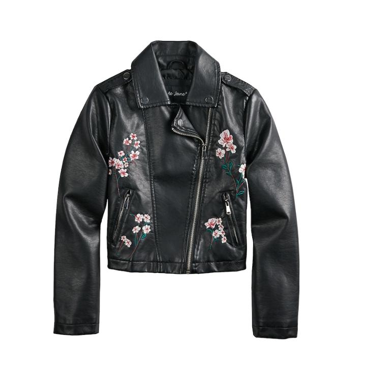 Girls 4-14 Me Jane Floral Embroidered Lightweight Moto Jacket, Size: 7-8, Black