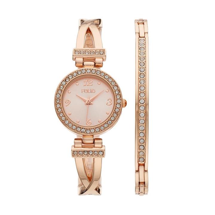 Folio Women's Crystal Crisscross Half-bangle Watch & Bracelet Set, Size: Small, Pink
