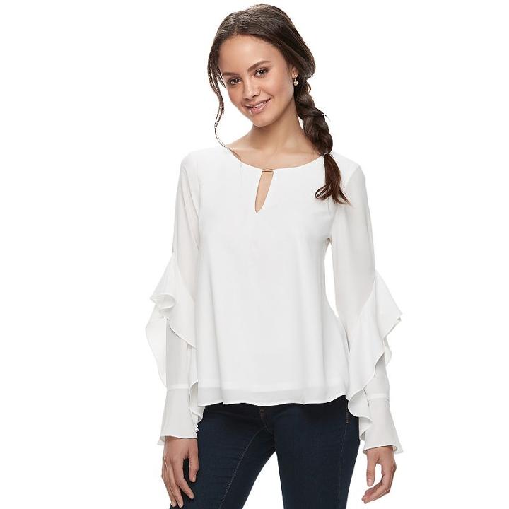 Juniors' Heartsoul Ruffle-sleeve Keyhole Top, Teens, Size: Medium, White Oth