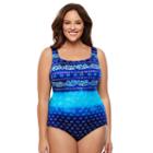 Plus Size Great Lengths Babaloo Tummy Slimmer Geometric One-piece Swimsuit, Women's, Size: 16, Blue