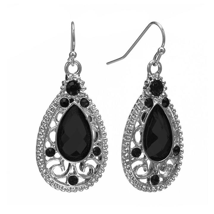 1928 Simulated Crystal Filigree Teardrop Earrings, Women's, Black