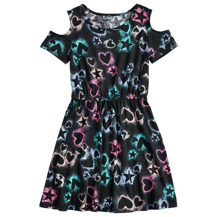 Girls 7-16 & Plus Size So&reg; Printed Cold Shoulder Dress, Size: M/10, Black