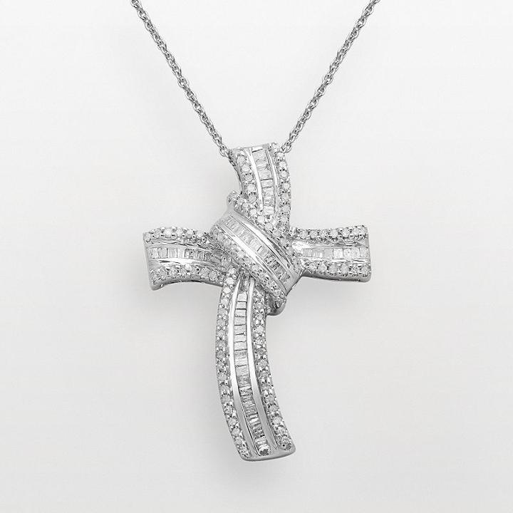 Sterling Silver 1/2-ct. T.w. Diamond Cross Pendant, Women's, Size: 18, White