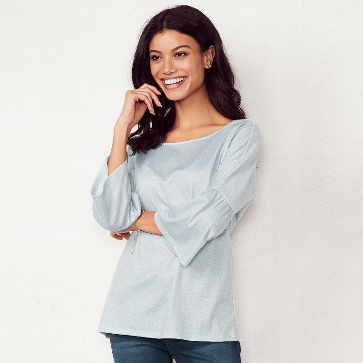 Women's Lc Lauren Conrad Printed Bell Sleeve Top, Size: Large, Blue
