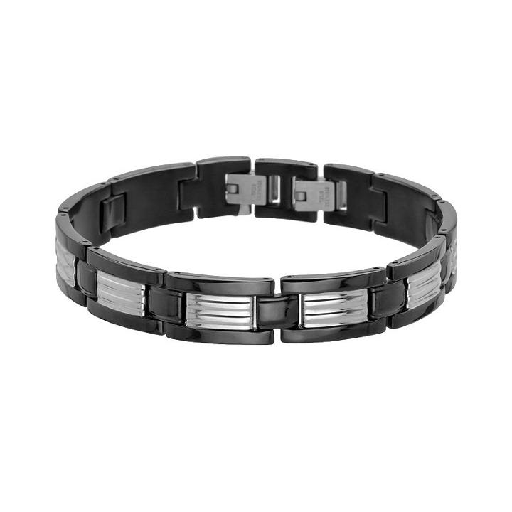 Lynx Black Ion-plated Stainless Steel And Stainless Steel Ribbed Link Bracelet - Men, Size: 8.5