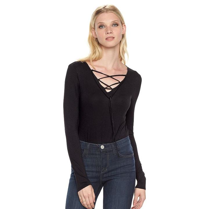 Women's Rock & Republic&reg; Lace-up Bodysuit, Size: Medium, Black