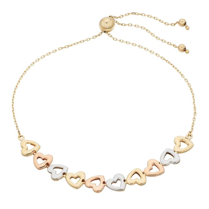 Tri-tone 14k Gold Heart Link Bolo Bracelet, Women's