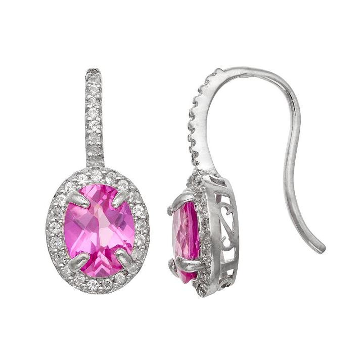 Sterling Silver Lab-created Pink Sapphire And Lab-created White Sapphire Halo Drop Earrings, Women's