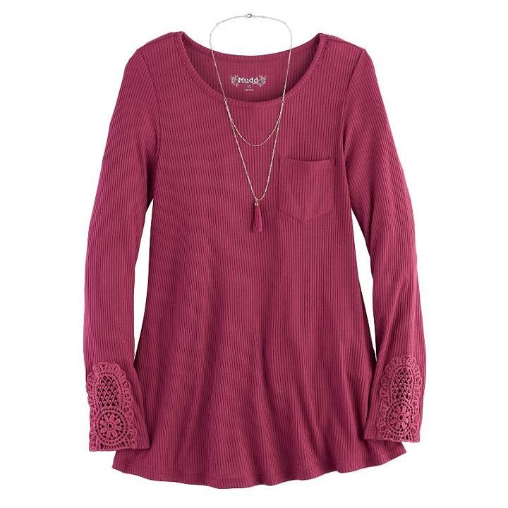 Girls 7-16 & Plus Size Mudd&reg; Ribbed Pocket Jegging Tee With Necklace, Size: 16 1/2, Pink