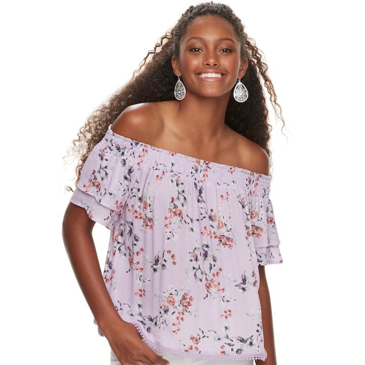 Juniors' Rewind Woven Off-the-shoulder Top, Teens, Size: Medium, Purple