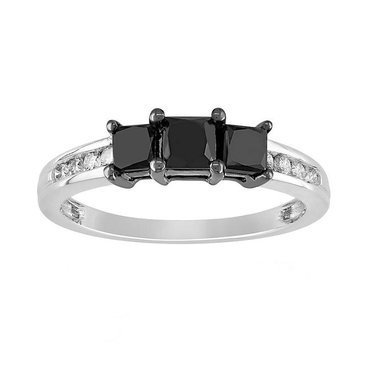 Princess-cut Black And White Diamond Engagement Ring In 10k White Gold (1 Ct. T.w.), Women's, Size: 7