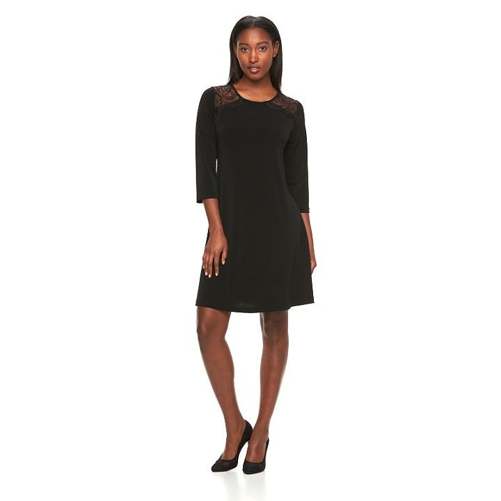 Women's Nina Leonard Lace-yoke Crepe Swing Dress, Size: Large, Black