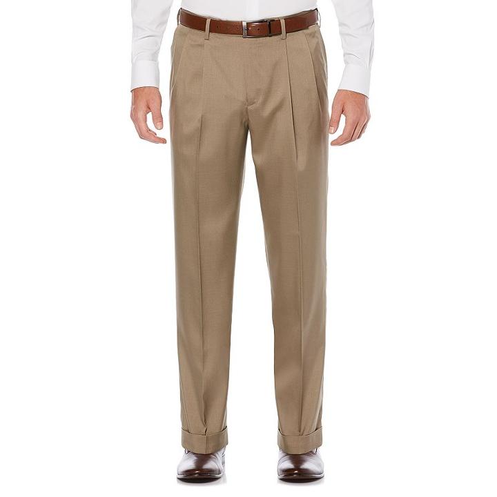Men's Savane Straight-fit Stretch Crosshatch Pleated Dress Pants, Size: 36x30, Med Beige
