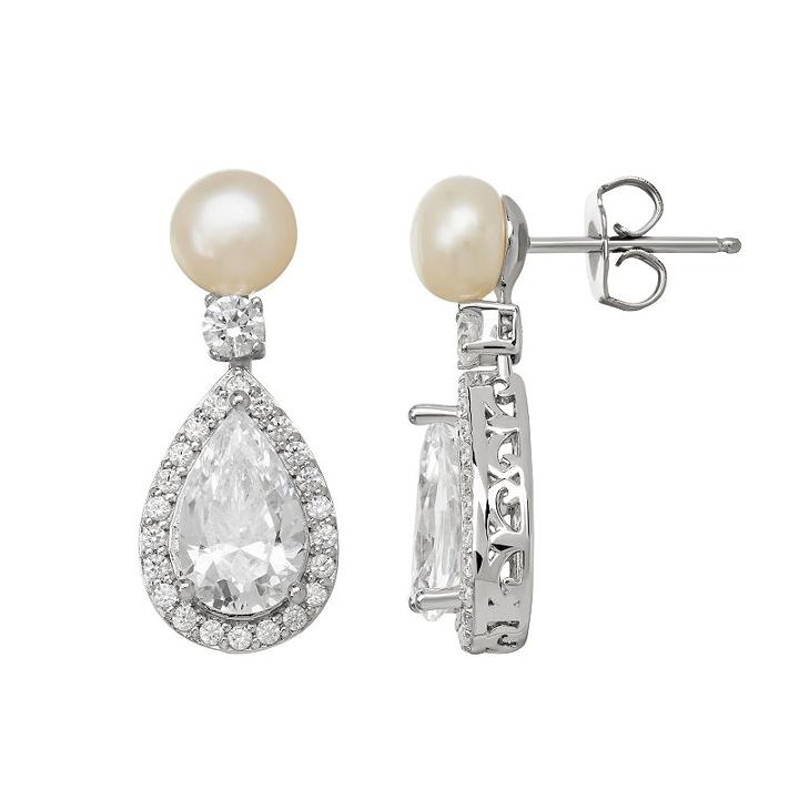 Emotions Cubic Zirconia And Simulated Pearl Sterling Silver Teardrop Earrings - Made With Swarovski Cubic Zirconia, Women's, White