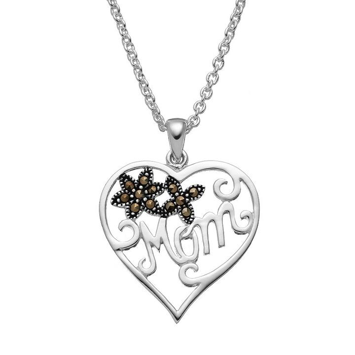 Silver Luxuries Marcasite Mom Flower & Heart Pendant Necklace, Women's, Size: 18, Grey
