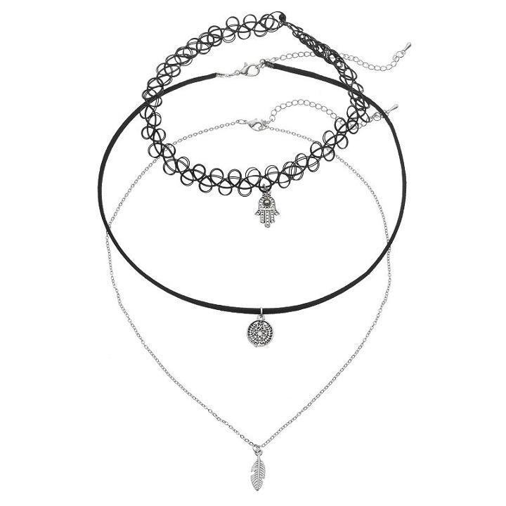Gs By Gemma Simone Leaf, Hamsa & Medallion Charm Choker Necklace Set, Women's, Grey