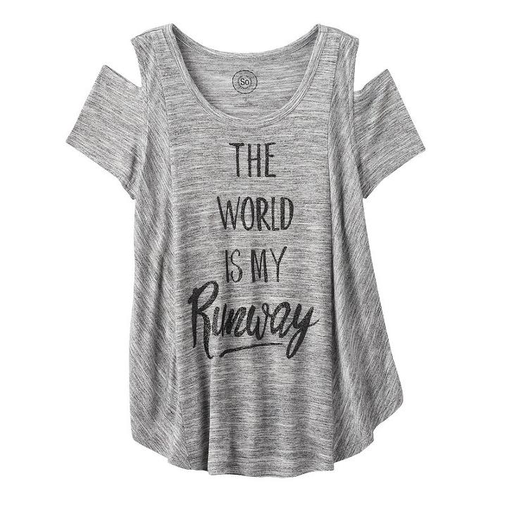 Girls 7-16 So&reg; Cold Shoulder Short Sleeve Curved Hem Tee, Girl's, Size: 7-8, Med Grey