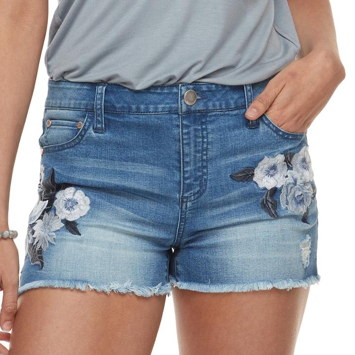 Juniors' Tinseltown Midrise Tonal Floral Embroidered Jean Shorts, Teens, Size: 1, Blue (navy)