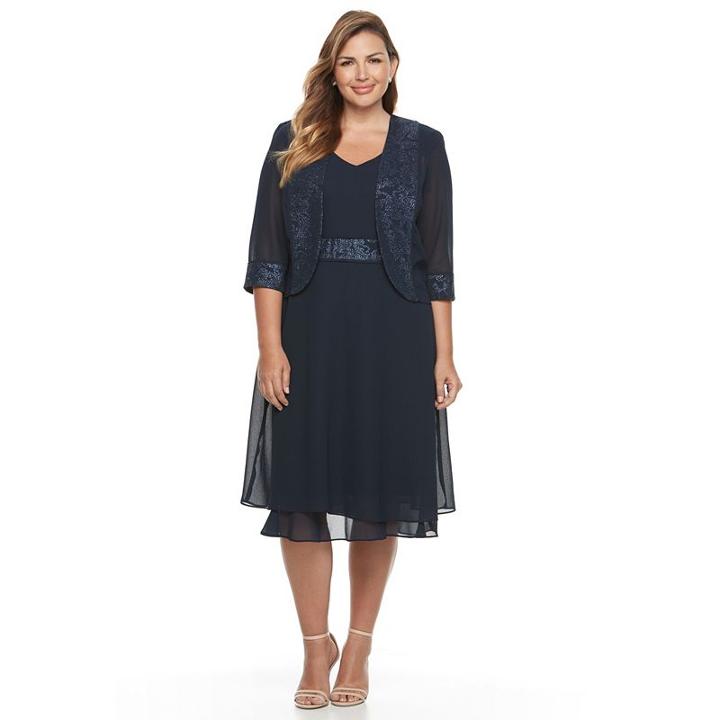 Plus Size Le Bos Glitter Trim Dress & Jacket Set, Women's, Size: 20 W, Blue (navy)